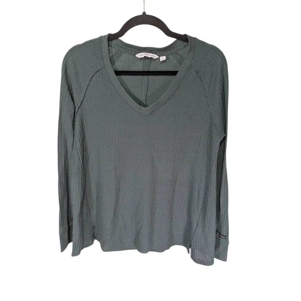 Calvin Klein Jeans Green Thermal Pullover Top Long Sleeve V Neck Women's Small